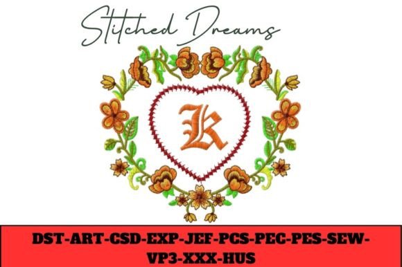 Elegant Floral Heart Letter K for Embroidery